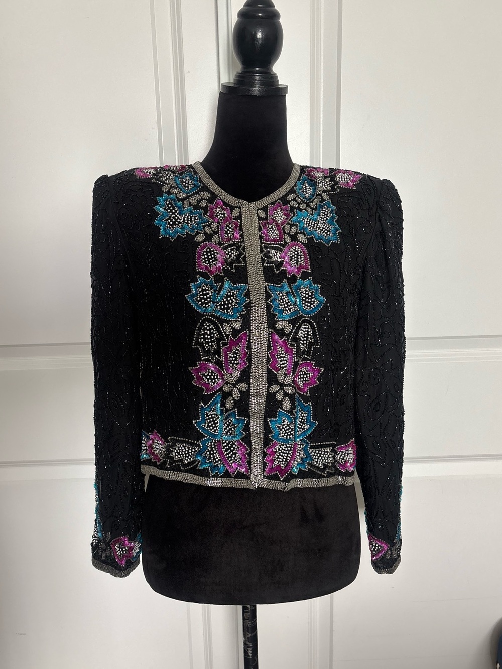 Vintage Embroidered Beaded Black Jacket with Pink & Teal Floral Accents
